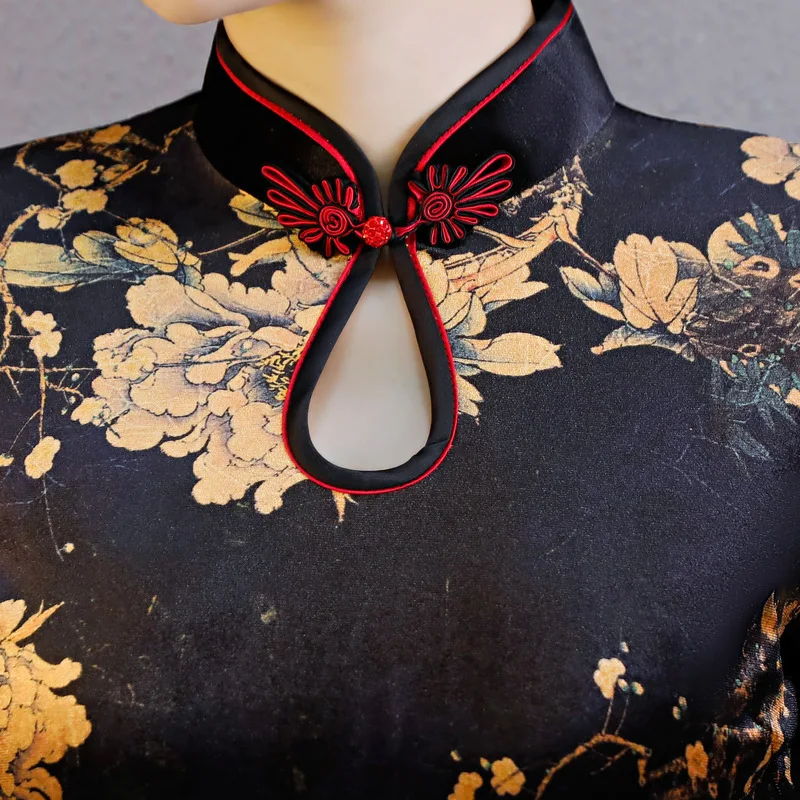 Современный черный цветок Cheongsam Длинные Платья Восточный стиль ожерелье винтажное платье Qi Pao женское традиционное китайское платье Qipao