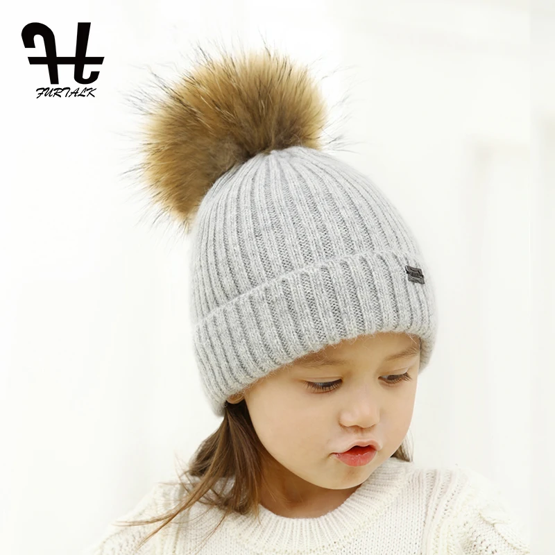 Меховая детская зимняя шапка вязаная с помпоном для мальчиков и девочек из