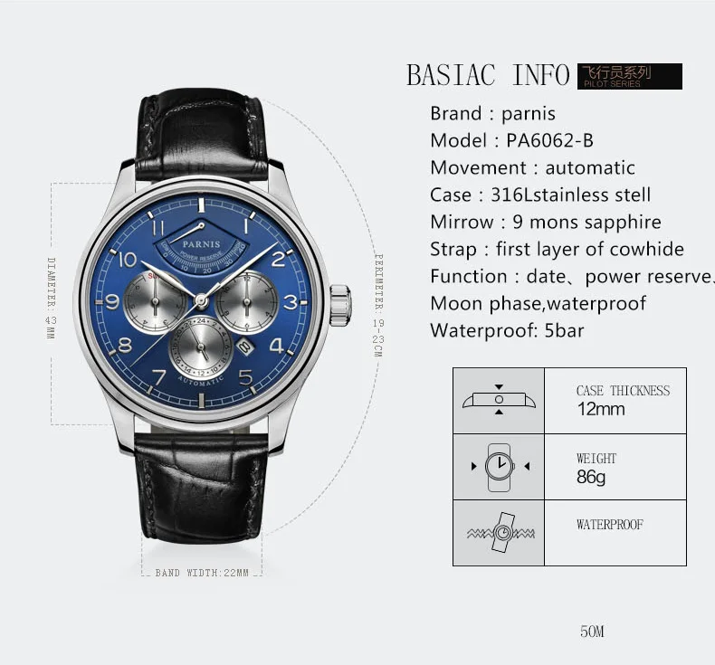Parnis 42 мм автоматические часы Moon Phase Запас хода Часы мужские роскошные брендовые Топ Miyota механические моталки часы