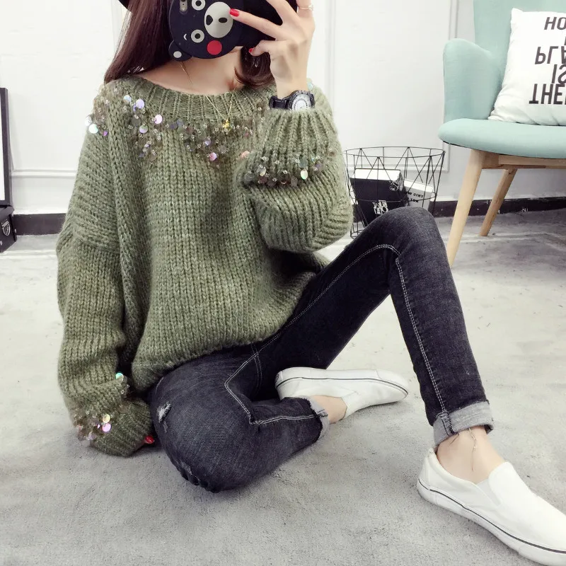 New Year Fall Winer Runway Sweater Women Sequined Knitting Sweaters Casual Loose Pullovers Female Warm Tops Outerwear | Женская одежда