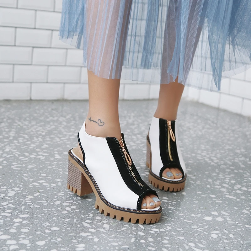 

REAVE CAT Shoes woman High heels Ladies pumps Peep toe Zipper PU Platform Spike heel Spring summer Patchwork Casual Black A2007