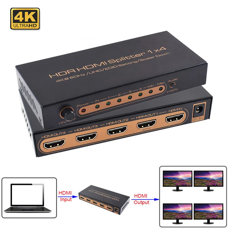 4K*2K 60Hz HDR HDMI Splitter 1*4 Full HD 1080p Video Switch Switcher Converter For Scaler Down HDTV DVD PS3 Xbox | Электроника