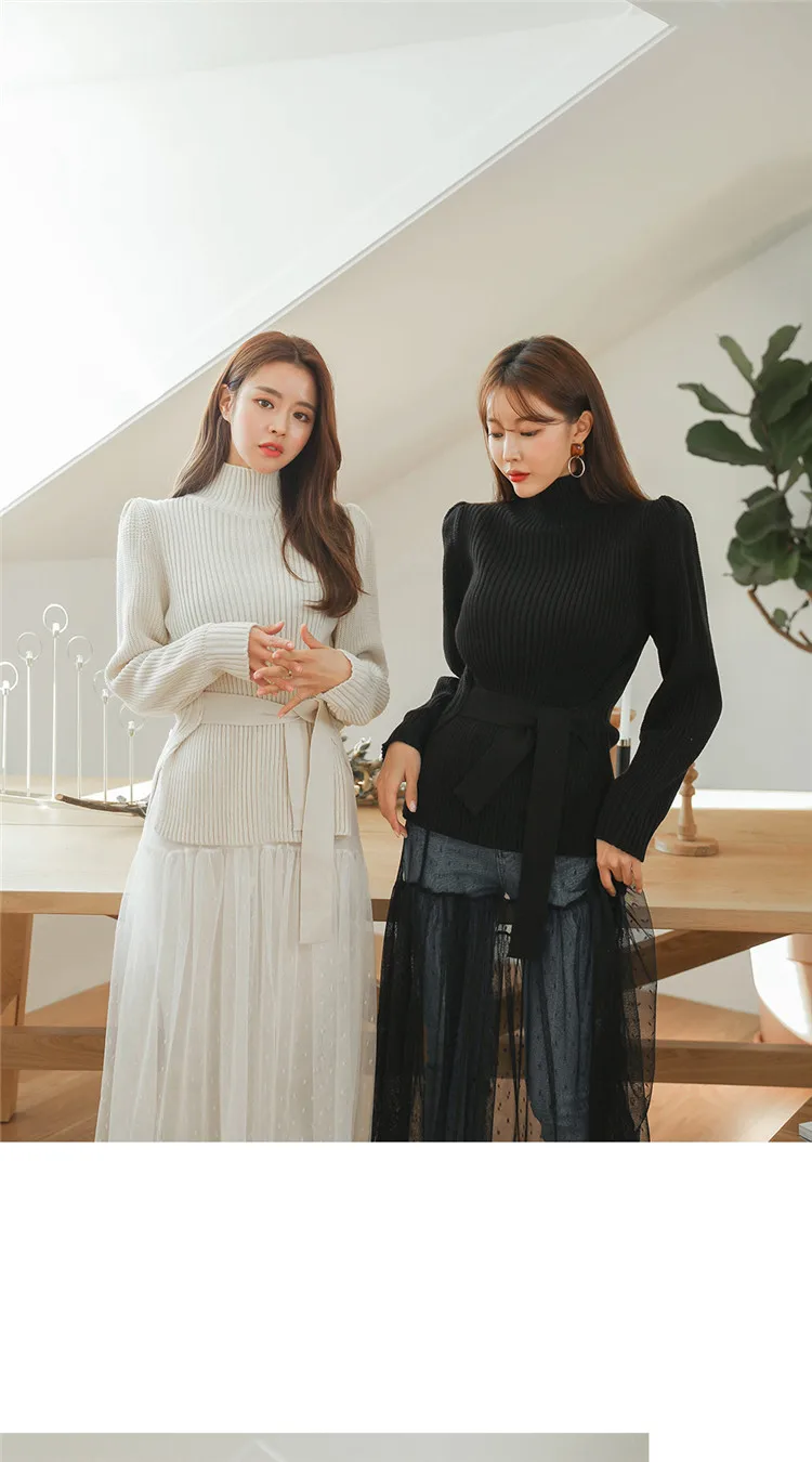 Пуловеры, вязаные свитера, женские повседневные тонкие однотонные водолазки, женские кружевные топы с поясом, топы с длинным рукавом