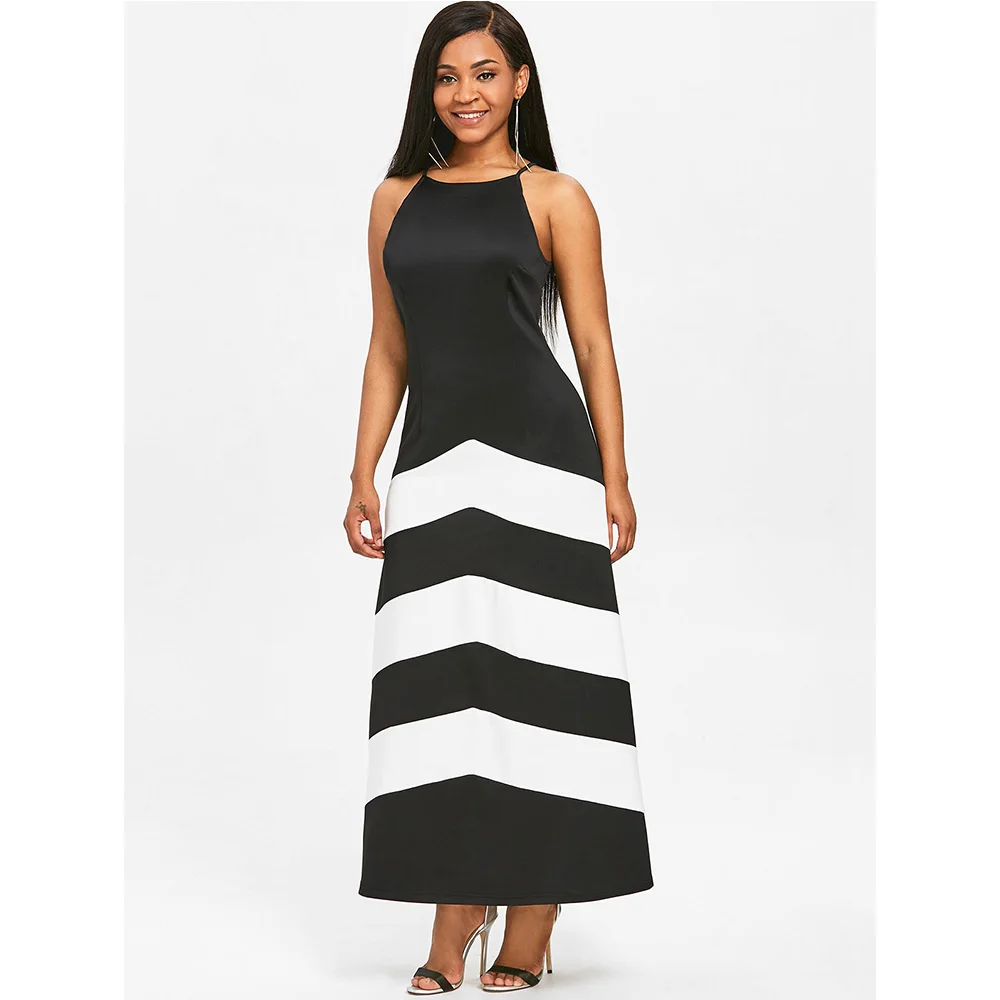 Женское платье в черно белую полоску VESTLINDA Повседневное макси без рукавов лето