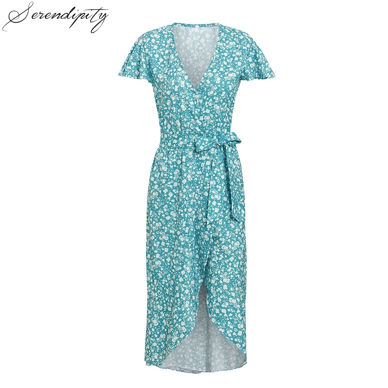 SRDP Элегантное летнее женское платье с принтом v образным вырезом рюшами и поясом