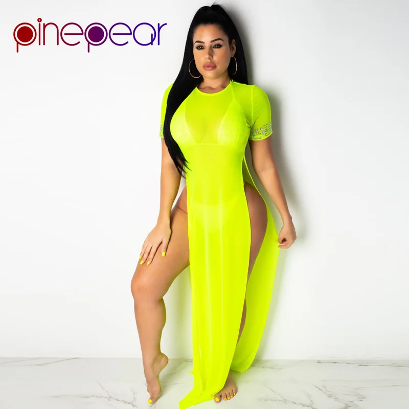 Neon Green PinePear Neon Green нижнее белье с алмазами+ Сетчатое платье с высоким разрезом комплект из 3 предметов женский купальный костюм со стразами пляжная одежда Прямая - Цвет: Neon Green