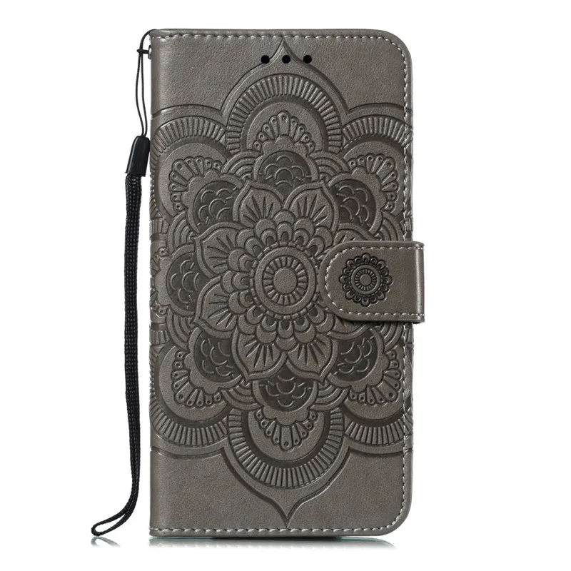 Серый Кожаный чехол XS Max Sun mandala для iPhone XR X XS 7 8, чехол для iPhone 7 8 Plus, чехол-книжка, кошелек, цветочный телефонный корпус - Цвет: Серый