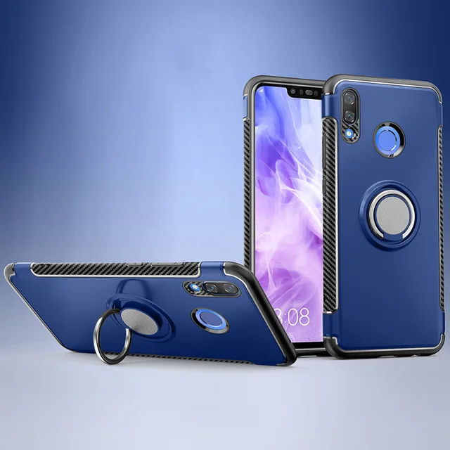 Blue Huawei Y9 Case Cover Armor Full Protection Ring Magnetism Holder Shockproof TPU+PC sfor Huawei Y9 Car Shell Funda Capa - Color: Blue