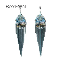 new women bohemia crystal and chains tassels hook earrings by handmade fashion statement beads dangle earrings girls bijoux 3299