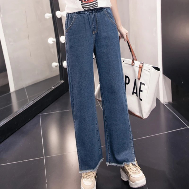 Woman Hem Frayed Wide Leg Jeans Autumn Plus Size Elastic High Waist Korean Vintage Solid Denim Pants Split Trousers |