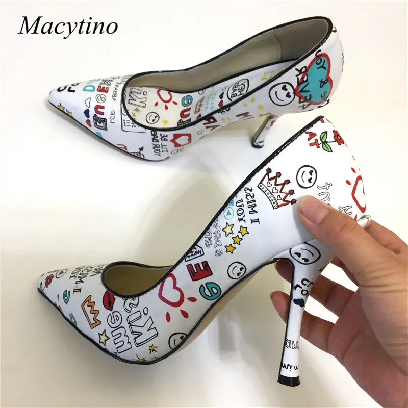 

Colorful Graffiti Printing Stiletto Heel Lady Pumps Pointed Toe Formal Career Shoes Women Leather High Heels White