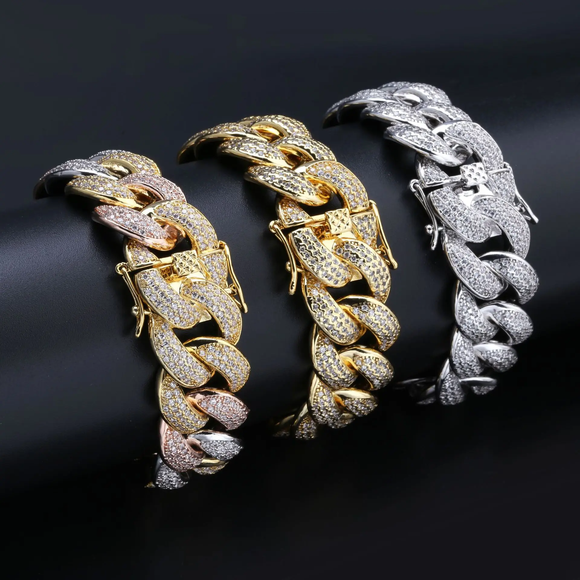 

Hot Sale HipHop Gold White gold And Multicolored Micro Paved Cubic Zircon 18mm Iced Out Cuban Link Chain bracelet for Men JUNLU