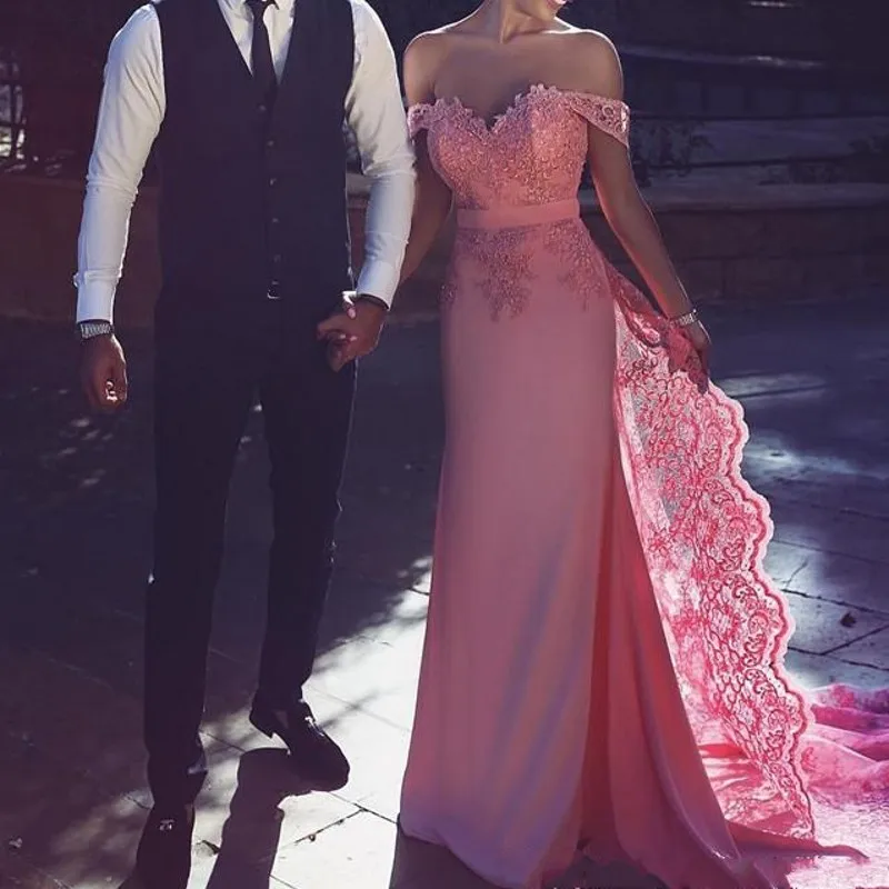 

Cinderella Pink Sweetheart Off The Shoulder Floor Length Lace Applique Satin Mermaid Evening Dresses vestidos de fiesta de noche