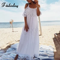 fitshinling bohemian lace patchwork maxi dresses women tunic open shoulder sexy white long dress holiday strap summer pareos hot