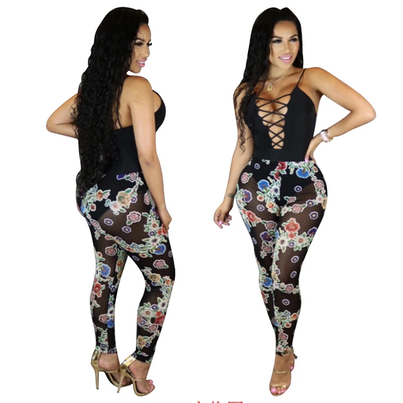 2017 Летний Стиль Сетки Бинты Комбинезон Цветок Цветочный Принт Bodycon Длинные Брюки