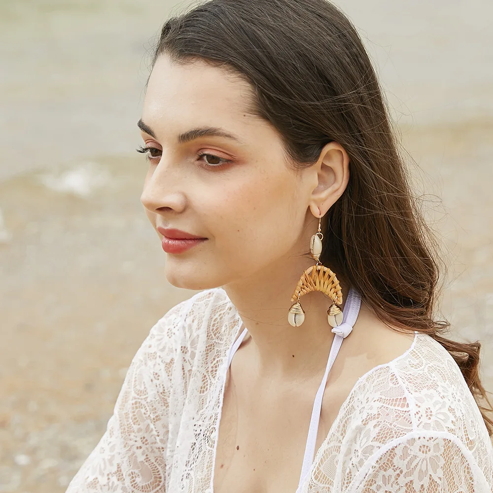 New Summer Beach Ocean Wind Half MoonWoven Rattan Earrings For Women Female Big Circle Bohemian Conch Jewelry | Украшения и