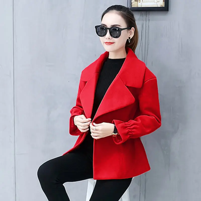 Autumn Winter Women Large Size Short Wool Coat Jacket New Slim Trumpet Sleeve Lapel Womens Overcoat Leisure Female Parkas WZ420 | Женская