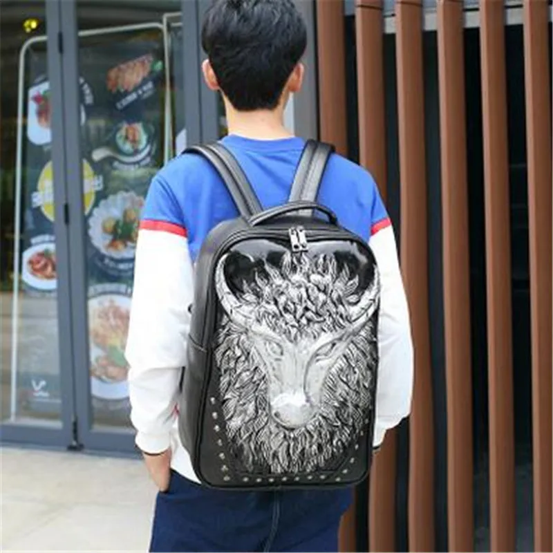 

Winter New PU Leather Unique Travel 3D Men Backpack Punk Bear The Lion Motorcycle Ride Waterproof 15 Inch Men Laptop Bags