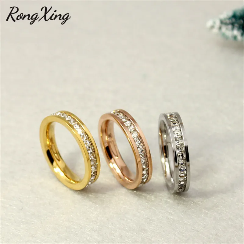 RongXing серебряные/Золотые/розовые золотые титановые стальные однорядные CZ кольца