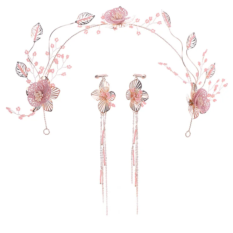 pink rose flower hairbands earrings Bride Jewelry New Korean leaf hoop head wear Earrings Set Wedding hair jewelry | Украшения и