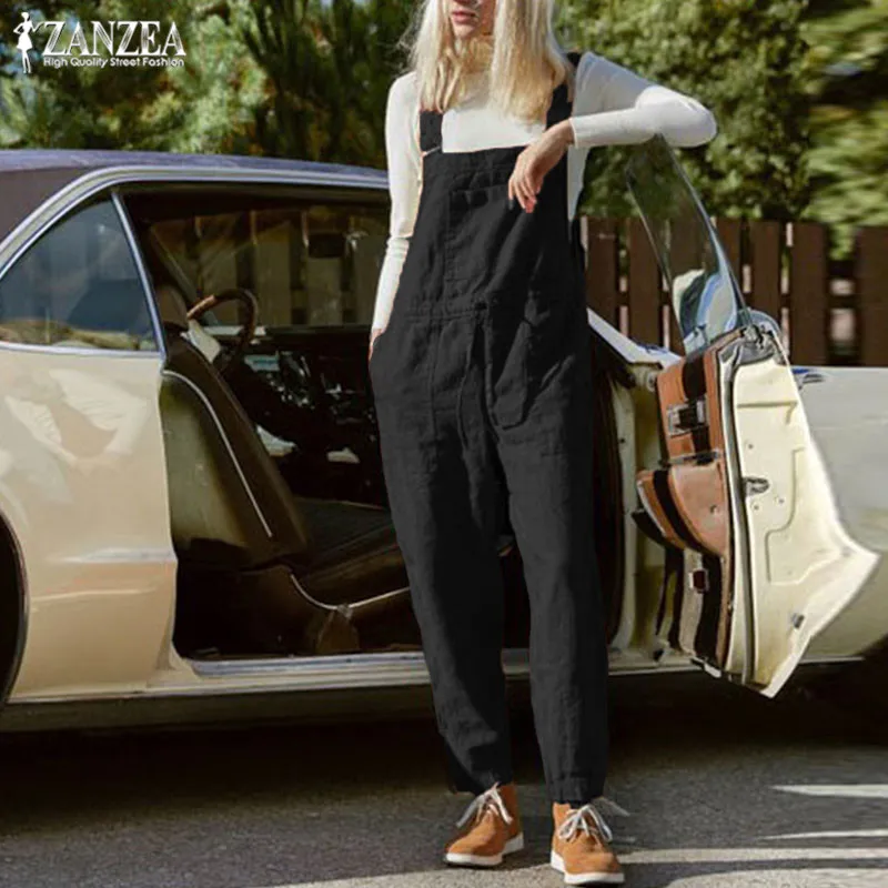Kaftan льняной комбинезон для женщин, комбинезоны ZANZEA, повседневные Комбинезоны на кулиске, женские Комбинезоны на бретелях размера плюс, Женские панталоны