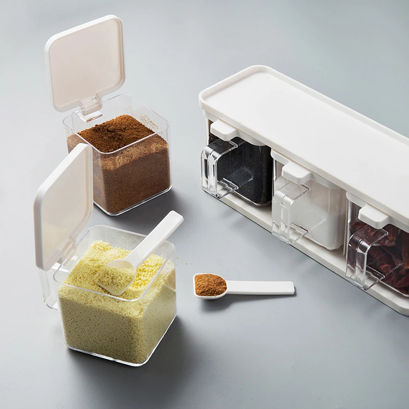 Прозрачный пластмассовые для приправ коробка с ложкой приправы специи стойка