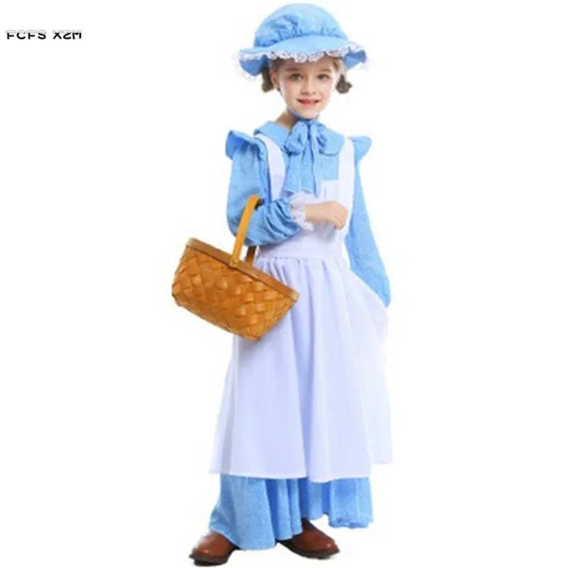 XS-XL Blue Medieval Girls Halloween Peasant Farmer woman Costumes kids Maid Cosplays Carnival Purim party Stage play dress | Тематическая