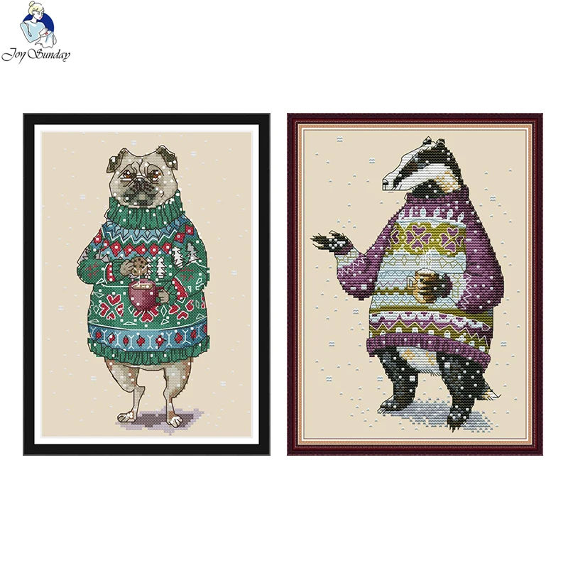 Dog Drinking Coffee and Badger in Sweater Cross Stitch Kit Aida 14ct 11ct Count Print Canvas DMC Thread Embroidery DIY Handmade