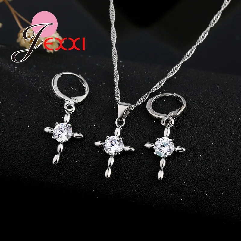 Cute Big Crystal Cross Pendant Necklace + Earrings Jewelry Set Woman 925 Sterling Silver Birthday Gift Hotsale | Украшения и