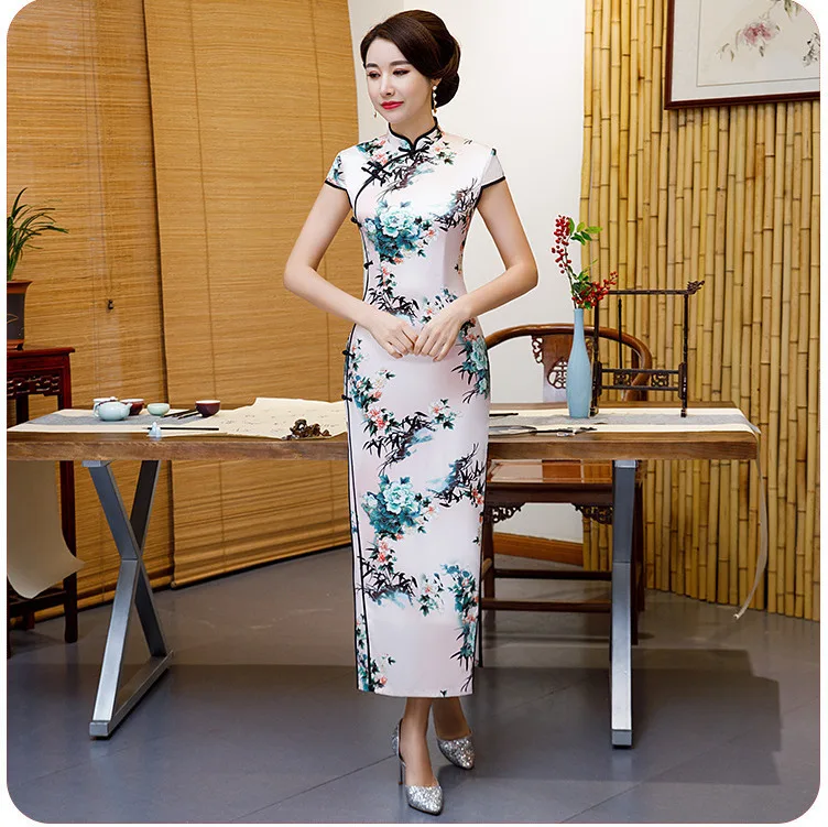 Sheng Coco 4XL длинный Vestido традиционная китайская одежда женский Чонсам платья наклонная Пряжка цветы шелк розовый плюс Размер Qipao