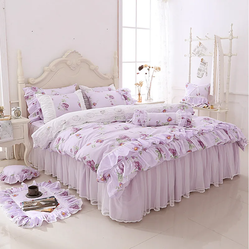 Princess purple dream 100% Cotton Romantic girl kid sweet flowers Bow lace ruffles bedskirt comforter cover bedding set/B7210 | Дом и сад