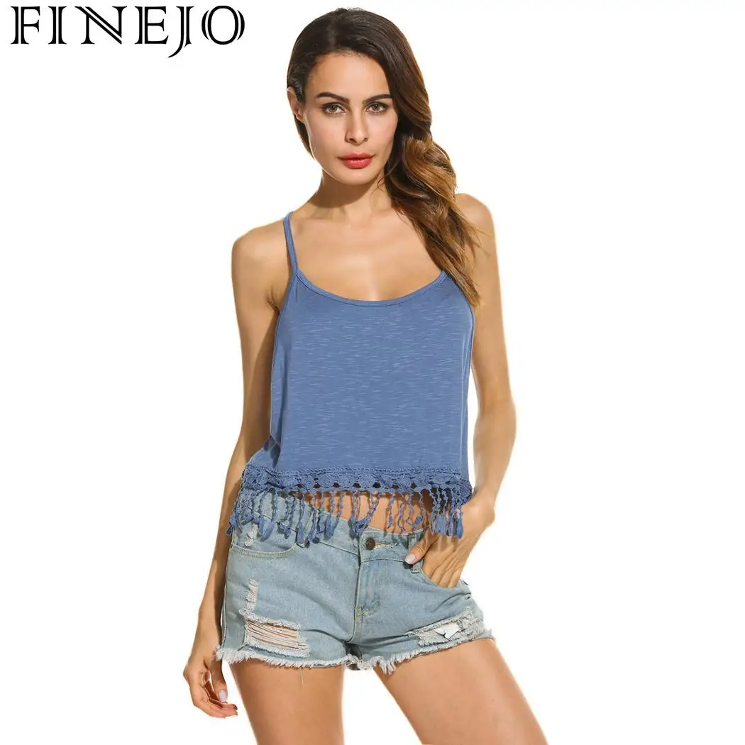 FINEJO Crochet Fashion Sexy Round Neck Spaghetti Strap Solid Women Lace Fringed Cropped Cami Tops | Женская одежда