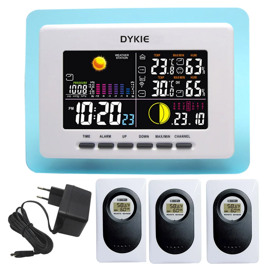 DYKIE RF RCC Беспроводная метеостанция с крытым наружным термометром, гигрометром, барометром, цифровым будильником, адаптером питания - Цвет: 3 sensor