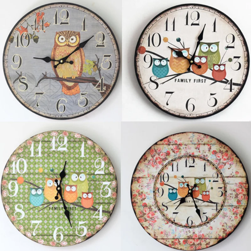 

35*35CM Large Wall Clock Modern Design Owl Vintage Rustic Wall Clock Home Office Cafe Decoration Art Wood Wall Clock 4 Types