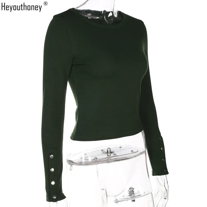 Heyouthoney 2018 spring fashion solid irregular single breasted full sleeve o-neck tshirt crop t-shirt tee top camiseta feminina |