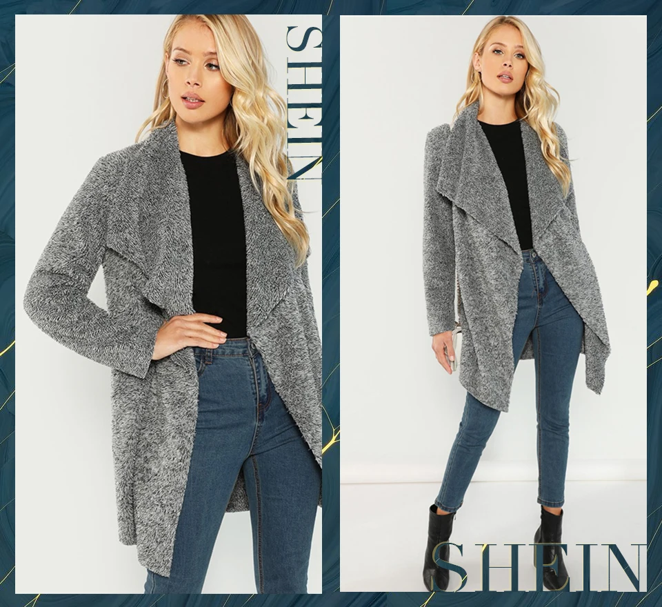 SHEIN Стильный Кардиган На Запах Легкое Пальто Из Эко Меха Кардиган Тедди С Длинным Рукавом