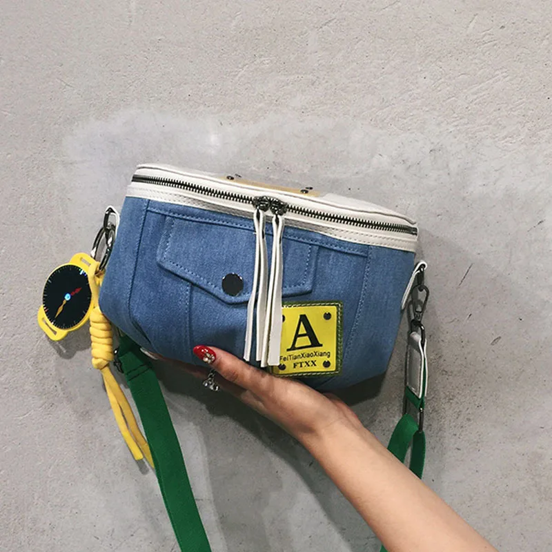 Yellow Crossbody Bag Модная Сумка-седло для женщин, женские джинсовые сумки на плечо, мультяшная сумка через плечо с кисточкой, украшение часов, нагрудные сумки для женщин - Color: Yellow Crossbody Bag