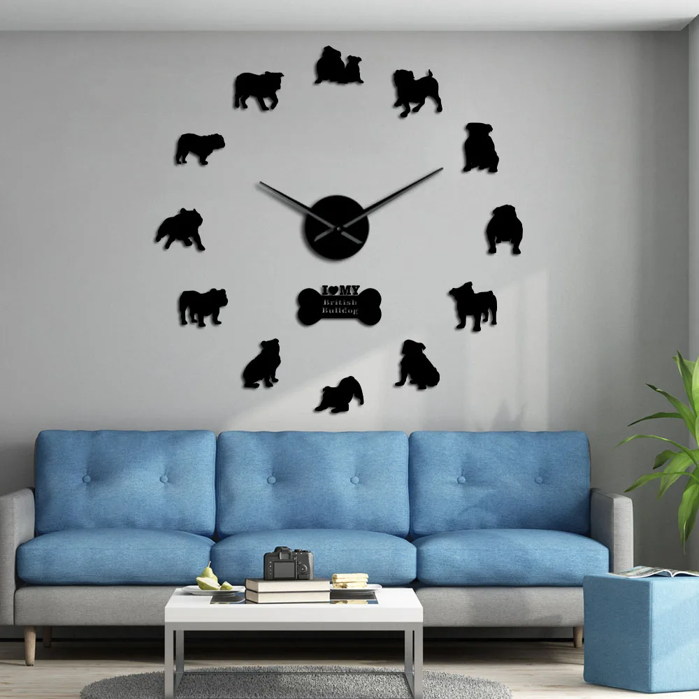 

English Bulldog Puppies Big Silent Wall Clock 3D British Bulldog Wall Stickers DIY Frameless Mute Wall Watch Dog Pet Owner Gift