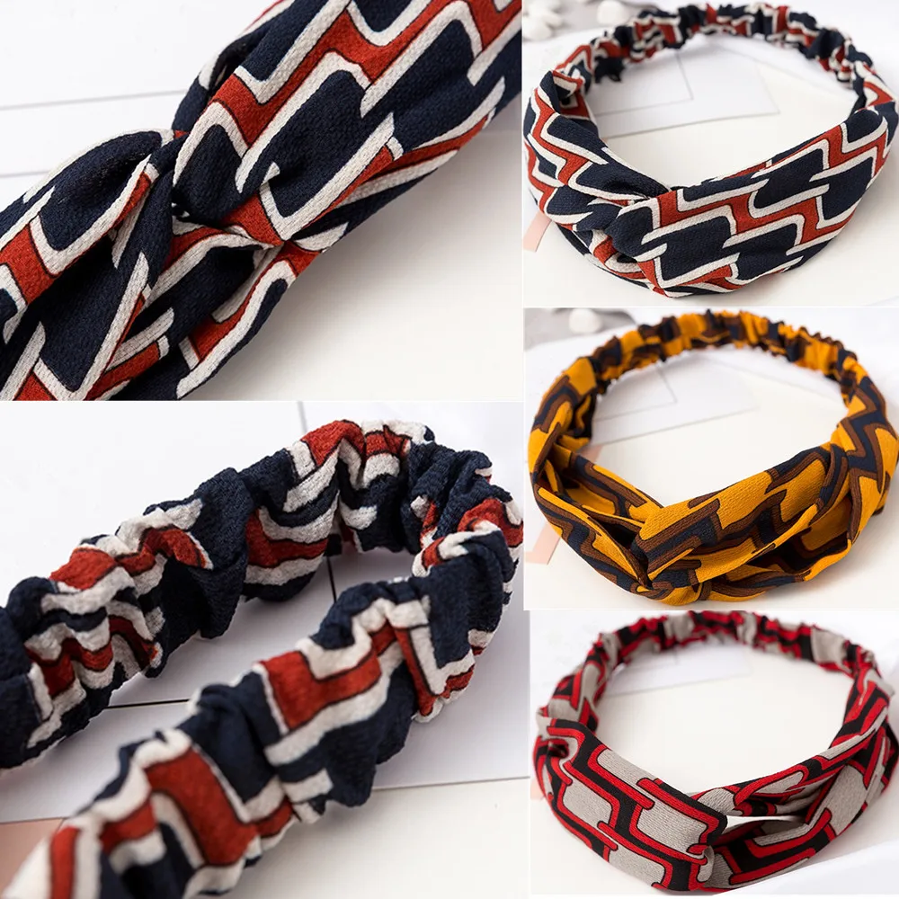 Vintage Grid Print Wide Elastic Headbands For Women Ladies Girls Twist Knot Pattern Head Wrap Turban Headdress |