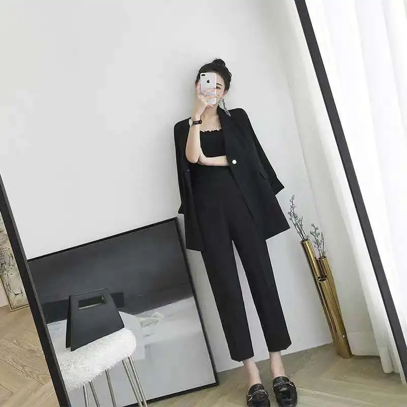 New Summer Thin Section Black Small Suit Female Fashion Korean Temperament Jacket Pants Two-piece | Женская одежда
