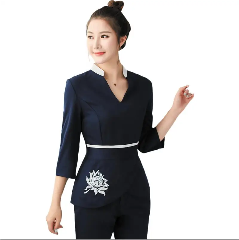 Navy blue Женская рабочая одежда, комплект из 2 предметов, Женская Больничная униформа медсестры,, красивая одежда, косметолога, медицинская рабочая одежда, униформа медсестры - Цвет: Navy blue