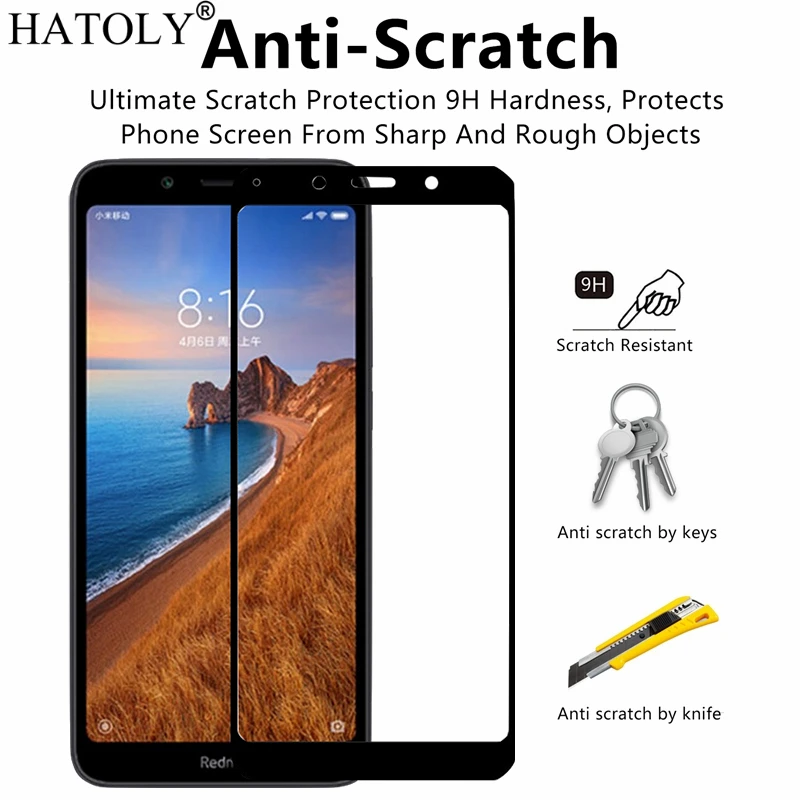 Protector de pantalla de vidrio templado para Xiaomi Redmi 7A, cubierta completa para Redmi 7A, pel&iacute;cula de borde curvo 3D, HATOLY, 2 uds.-1