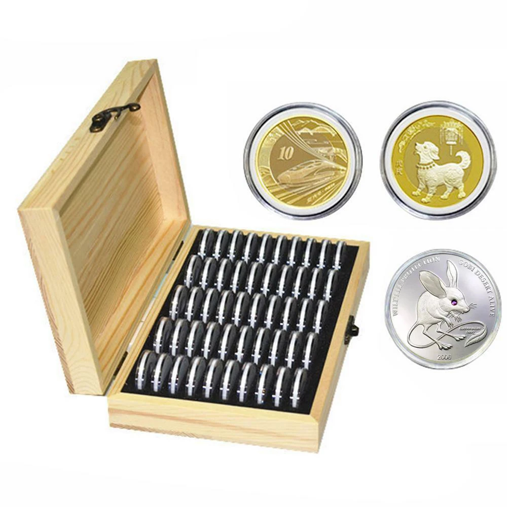 

50pcs Commemorative Coin Collection Box Wooden Zodiac Coin Storage Protection Box Holder Home Containers