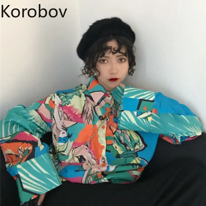 Korobov рубашки женские Новая мода мультяшный принт Harajuku женская рубашка с длинным рукавом Свободная Повседневная Mujer Blusas блузка 77273