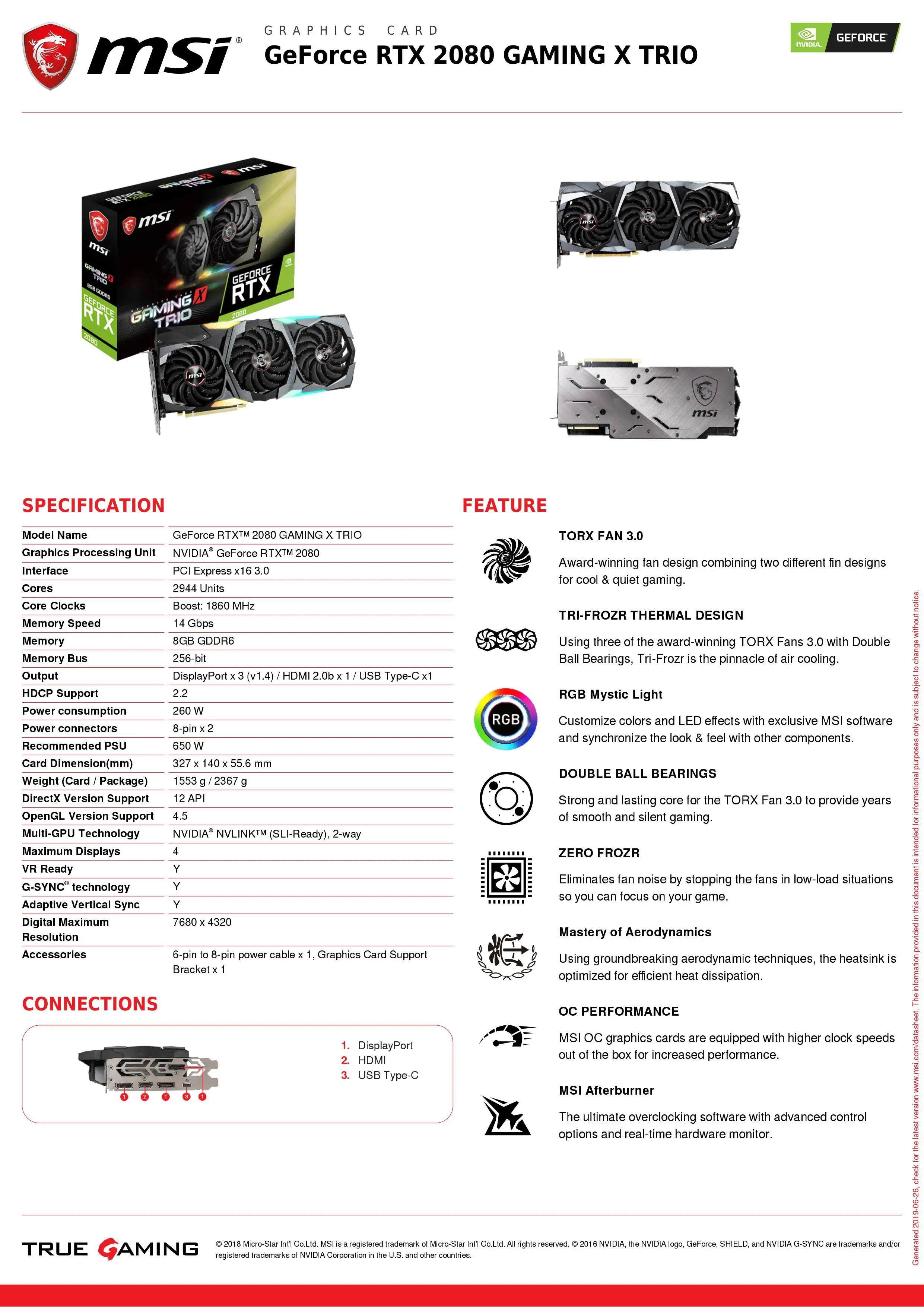 Игровая плата MSI videokarta GeForce RTX 2080 X TRIO 8 GB GDDR6 1860 MHz 2944 единиц 256 бит 14 Гбит PCI Express x16 3 0