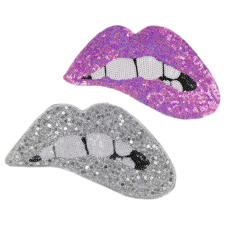 

Biker Patches for clothing 265mm Lips Purple Silver Sequined Fabric Sequins Strange things Patch T-shirt women Clothes Stickers
