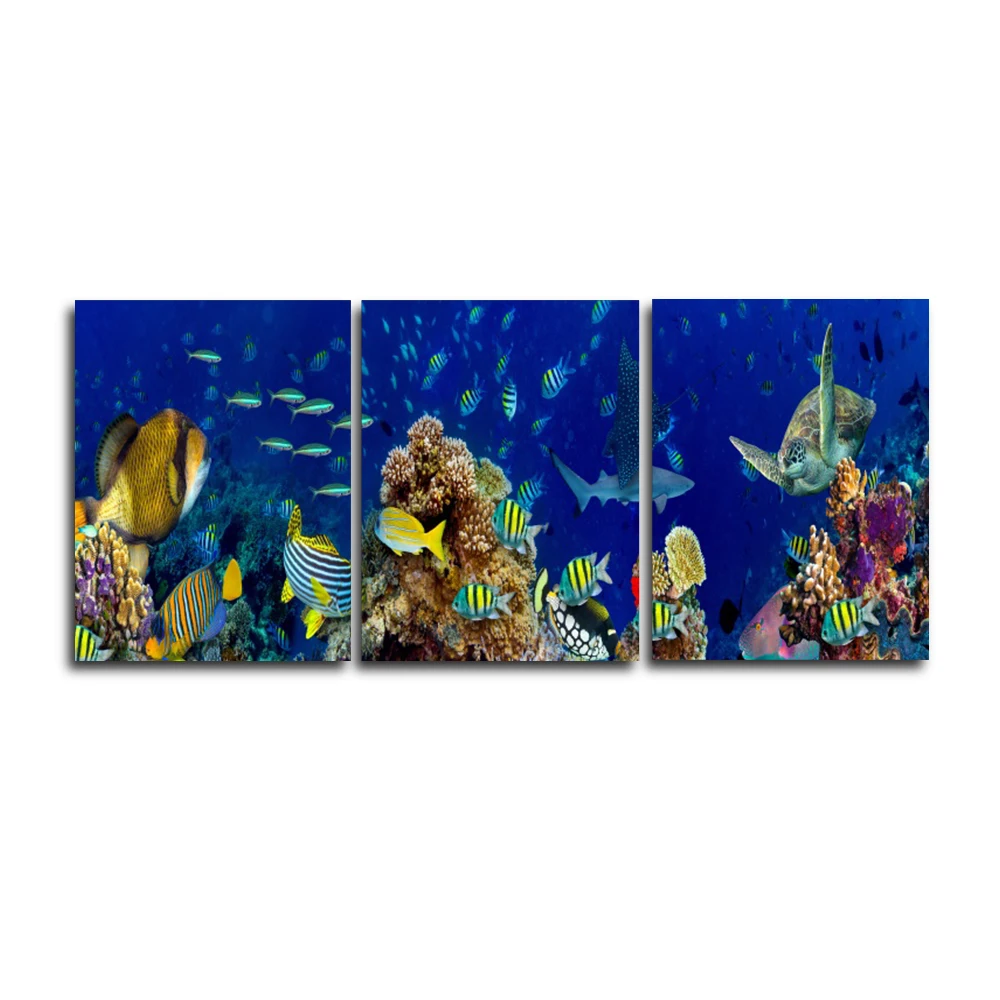 

Laeacco 3 Panel Underwater World Sea Fish Posters and Prints Wall Art Canvas Painting Retro Pictures For Home Living Room Decor