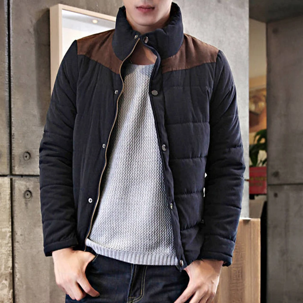 Men Winter Plus Size Color Block Stand Collar Thick Parkas Coat Casual Jacket | Мужская одежда