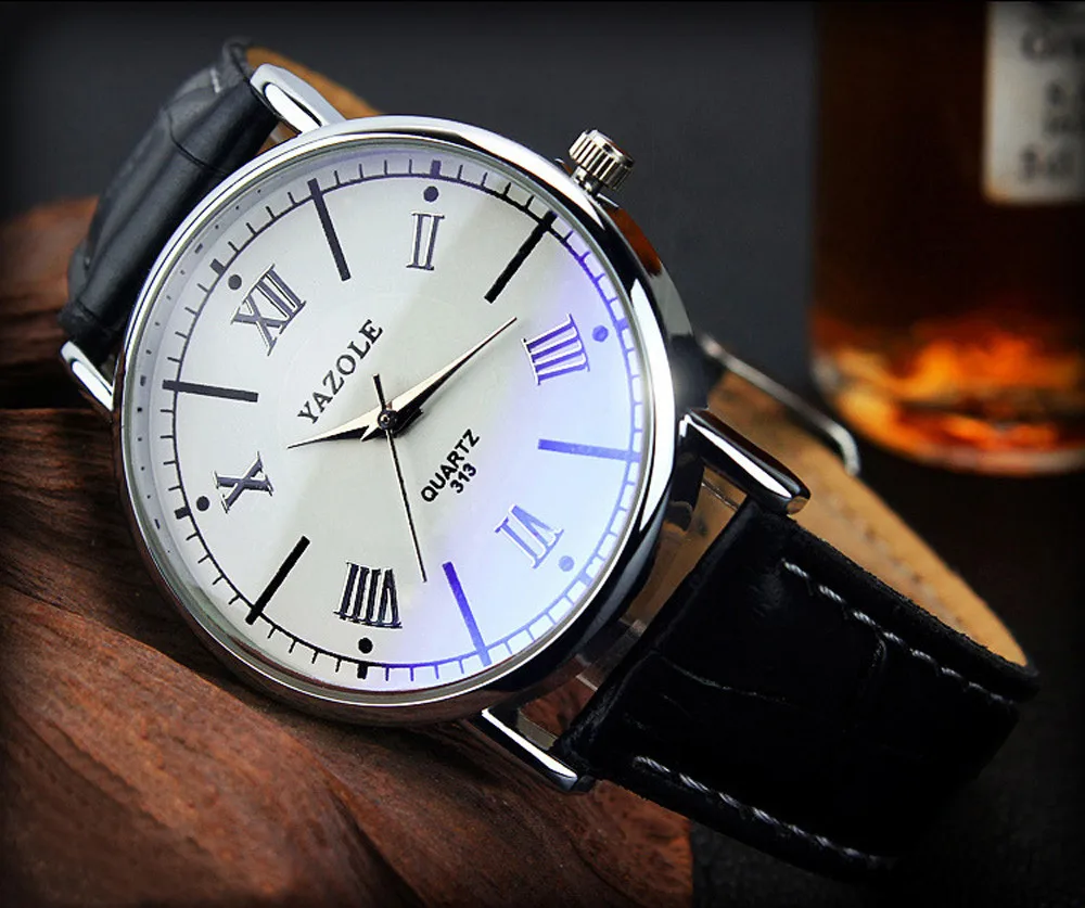 Мужские часы YAZOLE модные кварцевые с кожаным ремешком аналоговые деловые