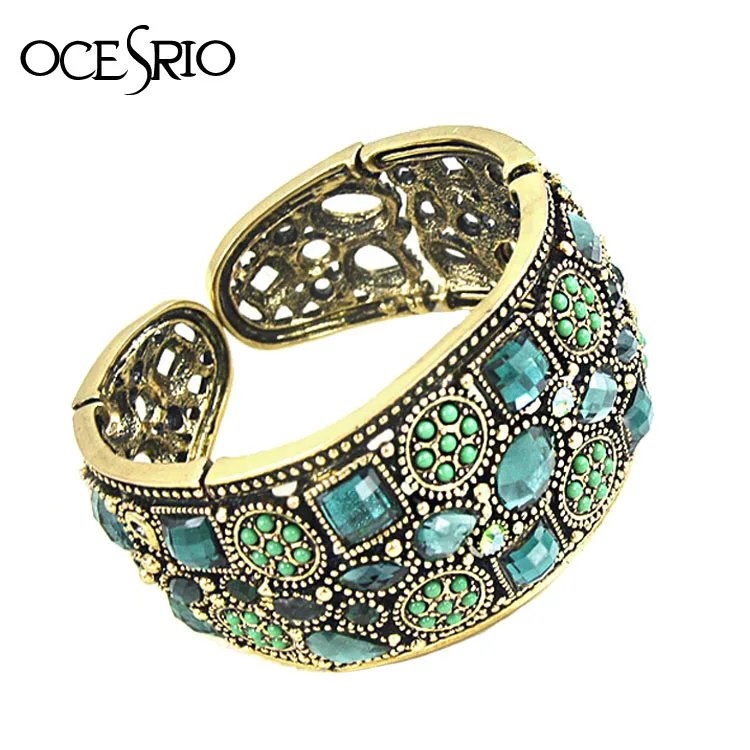 OCSRIO винтажные черные серебряные браслеты-манжеты для женщин хрустальные стразы